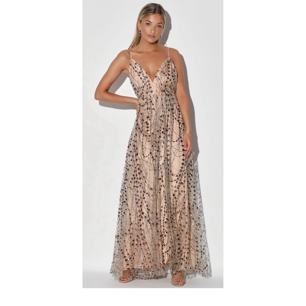 LULUS Luminous Night Taupe Rainbow Glitter Bronze Sequin Maxi Gown‎ Dress Xl NwT - Picture 4 of 12